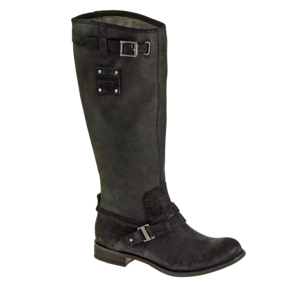 Caterpillar Knee High Black Leather Motorcycle Pull On Grunge Boots  Size 8.5 - Picture 1 of 5